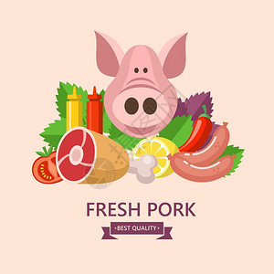 优质猪肉农场肉新鲜肉香肠番茄酱芥末罗勒叶柠檬背景下的蔬菜大可爱的猪矢量插图插画