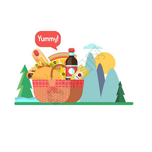 午餐篮带食物的野餐篮矢量插图野餐篮,山景的背景上食物饮料,汉堡包,热狗,番茄酱,芥末矢量插图插画