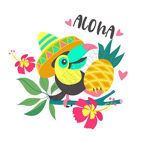 努沙杜阿你好,夏天阿洛哈可爱趣的卡通巨嘴鸟热带天堂阿洛哈只戴着墨西哥帽子的五颜六色的巨嘴鸟坐树枝上,爪子里着插画