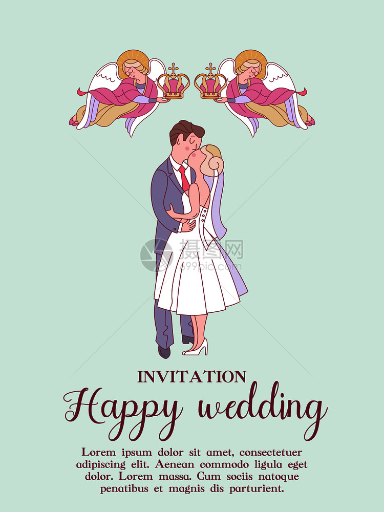 快乐的婚礼结婚卡结婚邀请新娘新郎两个天新娘新郎的头上戴着结婚冠可爱的矢量插图图片