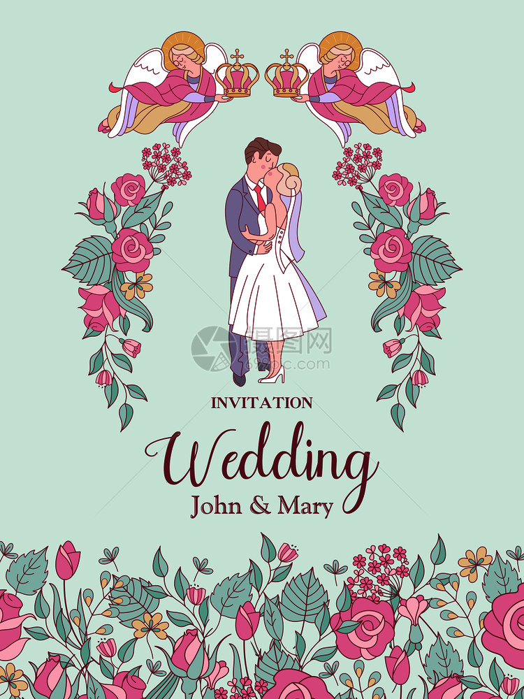 快乐的婚礼结婚卡结婚邀请新娘新郎穿着婚礼服装两个天新娘新郎的头上戴着结婚冠花环玫瑰可爱的矢量插图片