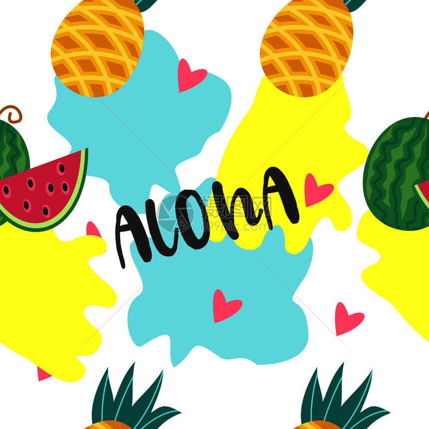 无缝背景与多汁的黄色菠萝阿洛哈蓝色背景上的矢量插图整个西瓜几块西瓜图片