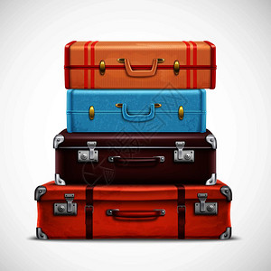 经典皮革复古旅行手提箱堆棕色蓝色与带子正视图现实的3D矢量插图复古旅行行李手提箱现实背景图片