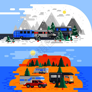 两个水平彩色娱乐活动车辆成与冬季夏季露营矢量插图两辆娱乐活动车成图片