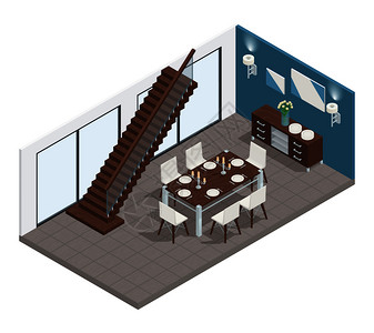 餐厅客人餐厅等距与楼梯桌椅矢量插图餐厅等距插画
