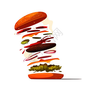 菜夹馍汉堡配料与牛肉切肉奶酪切片蔬菜沙拉夹馍与芝麻番茄酱矢量插图汉堡包配料插画
