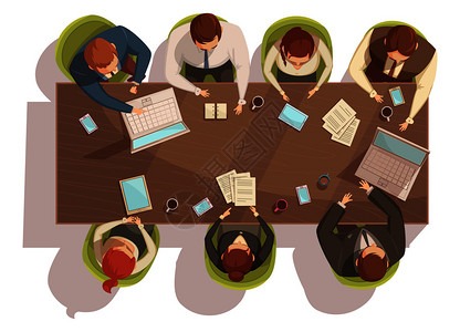 商务会议顶部视图与笔记本电脑咖啡卡通矢量插图商务会议的顶级观点图片