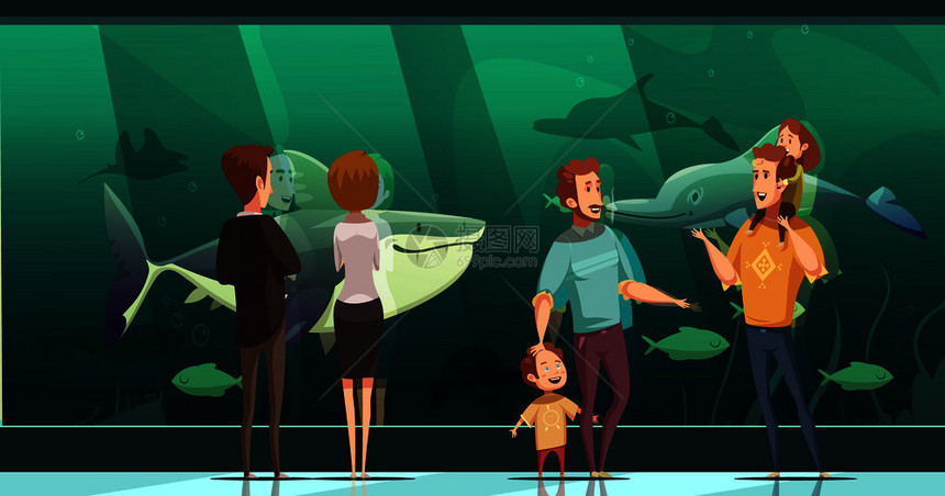 人们水族馆的构图中,大人孩子们看着漂浮的鱼平矢量插图人们水族馆的成图片