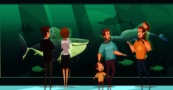 人们水族馆的构图中,大人孩子们看着漂浮的鱼平矢量插图人们水族馆的成背景图片