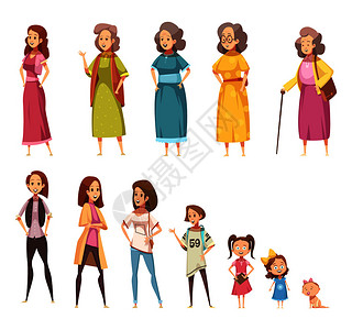 妇女代平彩色图标集的所龄类别,婴儿成熟卡通矢量插图妇女代装饰图标背景图片