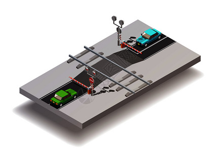 道路要素等距成与铁路等级交叉与自动门放下两辆汽车矢量插图铁路交叉等距成背景图片