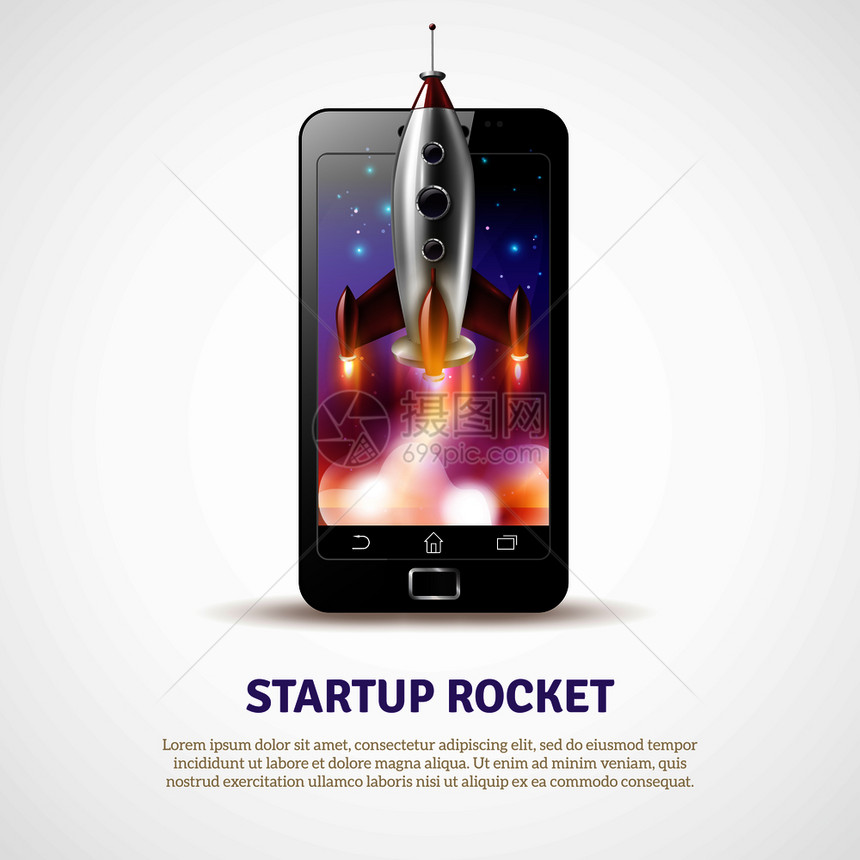 海报与火箭启动附近的智能手机屏幕与星星蓝天上的白色背景矢量插图火箭启动海报图片