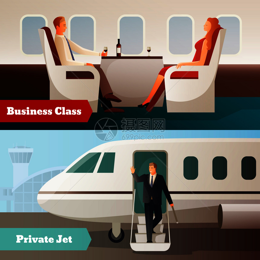 乘坐飞机水平横幅与私人喷气式飞机人商务舱沙龙矢量插图飞机水平横幅上旅行图片
