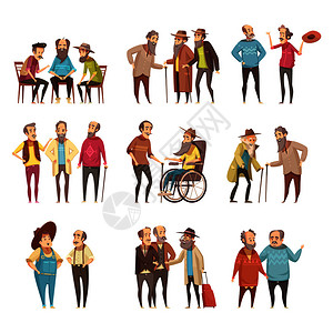 高级男子体社会化活动复古卡通图标收集与拐杖轮椅矢量插图高级男子卡通图标背景图片