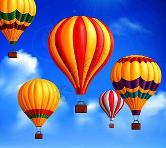 彩色热气现实气球背景天空与白云矢量插图热气球背景图片
