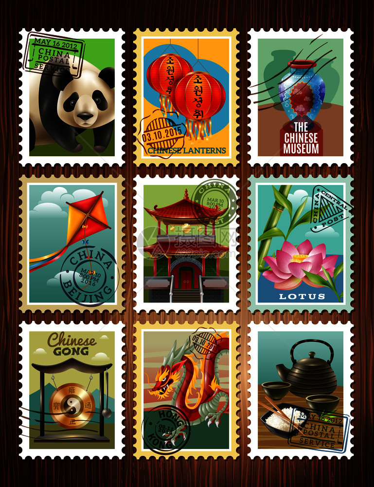 中国文化传统建筑彩色邮票熊猫宝塔龙莲茶仪式海报矢量插图中国旅游邮票套海报图片