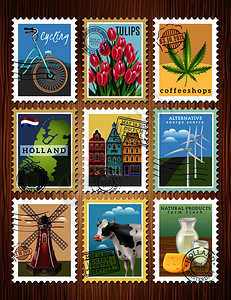 豪斯荷兰文化传统,彩色邮票风车郁金香,Amstram房屋奶酪海报矢量插图荷兰旅游邮票套海报插画