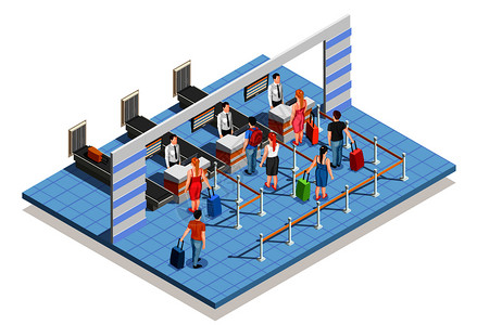 乘客区线人机场等距成的航登记台与袋下降计数器乘客字符矢量插图机场登机区成插画