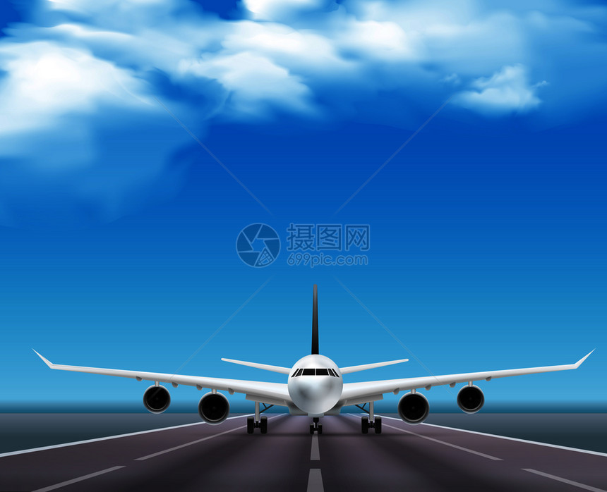 民航客机跑道上逼真的正图像旅行社广告海报天空背景矢量插图跑道上的飞机写实海报图片