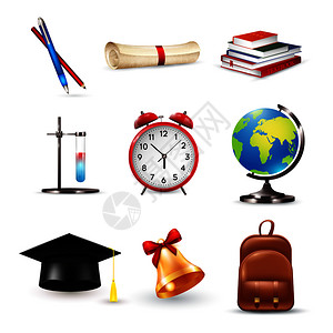 学校配件毕业帽,闹钟,文具,卷轴,地球仪,书籍钟隔离矢量插图学校配件套装图片