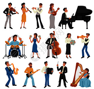 击鼓演奏声音彩色音乐家图标与男女演奏乐器歌唱矢量插图音乐家图标集插画