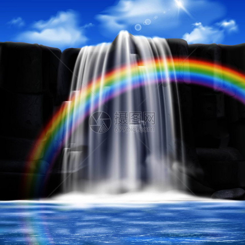 彩色瀑布现实构图与大彩色彩虹水山上矢量插图流动彩色瀑布写实构图图片