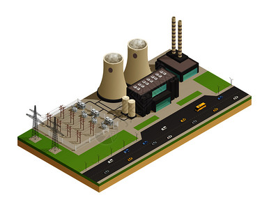 电力发电输配电设施网络等距成与Neigboring高速公路三维模型矢量图发电机等距成插画