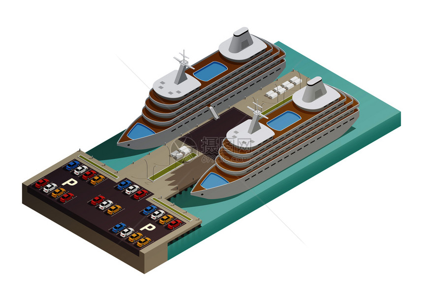 两艘大型现代游轮港口与公园滨水等距构图海报矢量插图邮轮港口等距图片