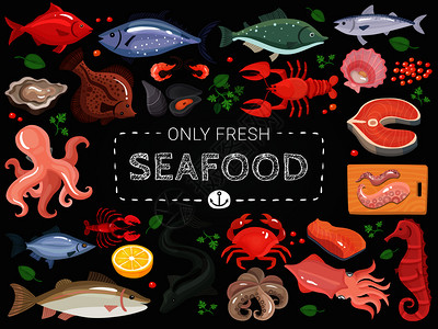 海藻食物海鲜餐厅菜单项目彩色图标黑色黑板上与章鱼鲑鱼螃蟹海马鱼矢量插图海鲜彩色黑板菜单海报插画