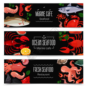 菜单A3新鲜海洋海鲜海洋咖啡馆3横黑板横幅收集与彩色菜单项目孤立矢量插图新鲜海鲜3旗插画
