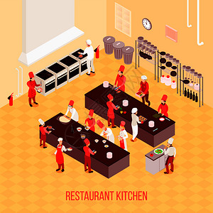 餐厅厨房等距成米黄调与厨师,桌子准备,烤箱,垃圾容器矢量插图餐厅厨房等距成背景图片