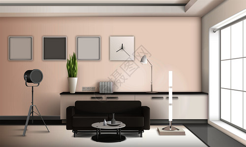 家具墙逼真的客厅室内三维与家具,法国窗口,相框矢量插图现实客厅室内三维插画