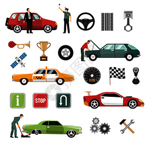 汽车服务符号出租车赛车比赛属路标平图标收集孤立矢量插图汽车自动平图标图片