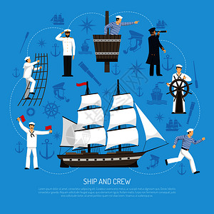 水手船员素材老式多桅杆帆船图标构图海报与水手掌舵轮蓝色背景矢量插图旧帆船水手构图复古插画