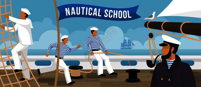 桅杆船航海学校船上帆船水手训练平广告海报与吸烟管船长矢量插图航海学校帆船平旗插画