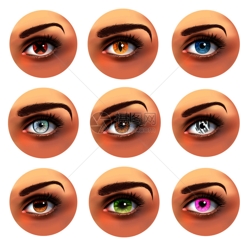 五颜六色的眼睛与同的瞳孔,包括交叉,心,线集的圆形图标矢量插图五颜六色的眼睛同的瞳孔图片