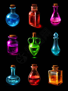 套同形状颜色的瓶子与药水黑色背景隔离矢量插图药水的瓶子图片
