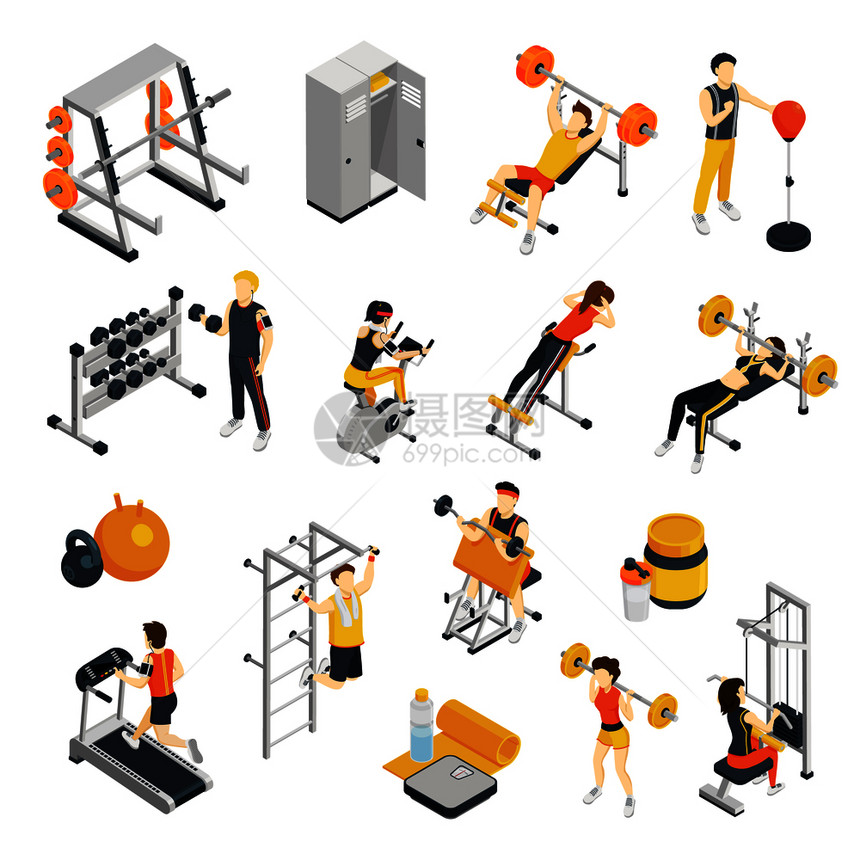 健身等距图标与人健身房训练用运动设备健身房设备孤立矢量插图健身健身房等距图标图片