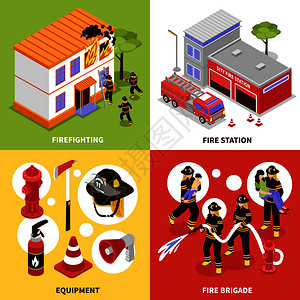 消防元素等距2x2与消防大队设备车站隔离彩色背景下的三维矢量插图等距2x2插画