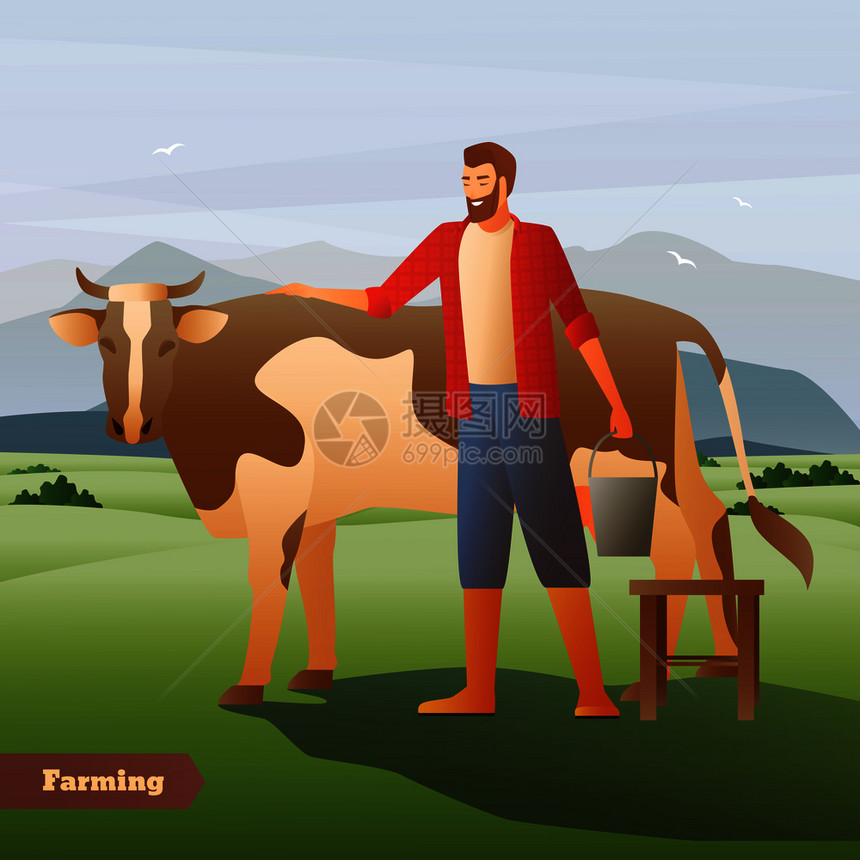 微笑的农民与桶附近的斑点牛绿色牧场上的山背景平构图矢量插图农民与牛平成图片