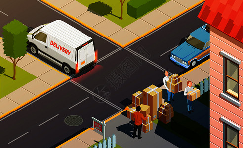 移动的人等距城市成与送货服务车代理商携带货物纸箱矢量插图快递服务送货成背景图片