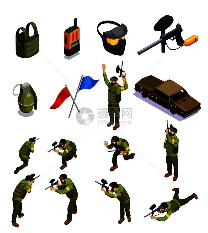 彩弹等距图标收集与战斗机字符统装甲头盔盾牌其他设备矢量插图彩弹等距元素集图片