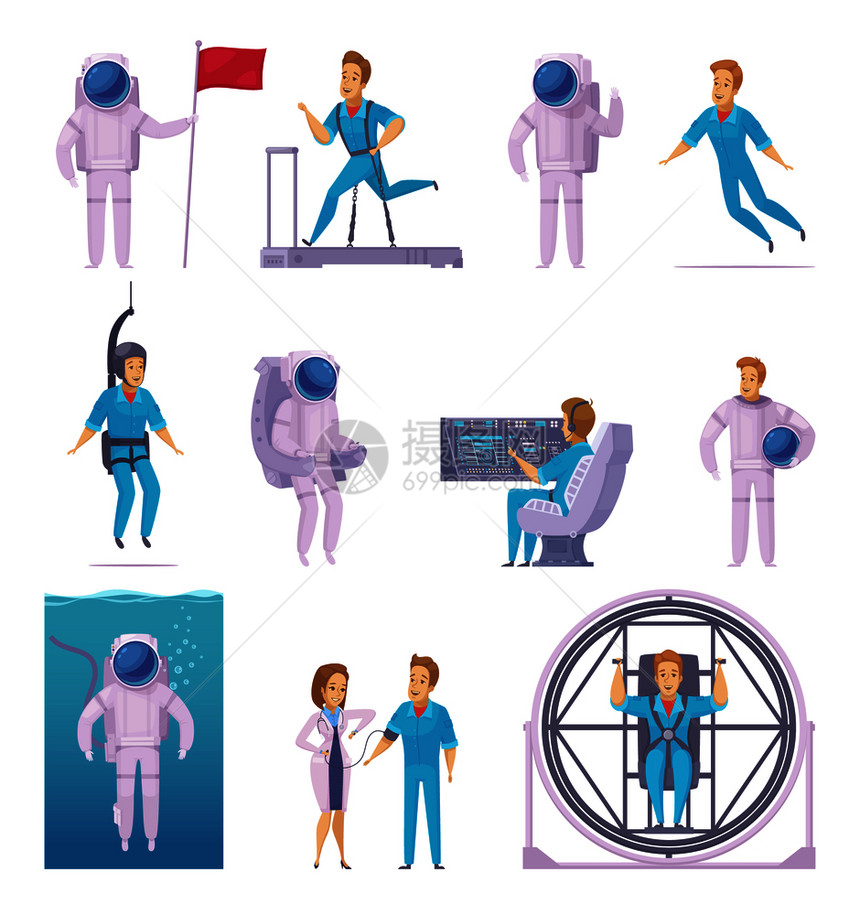 宇航员太空任务卡通图标与医学检查训练宇航服与孤立矢量插图宇航员卡通人物图标图片