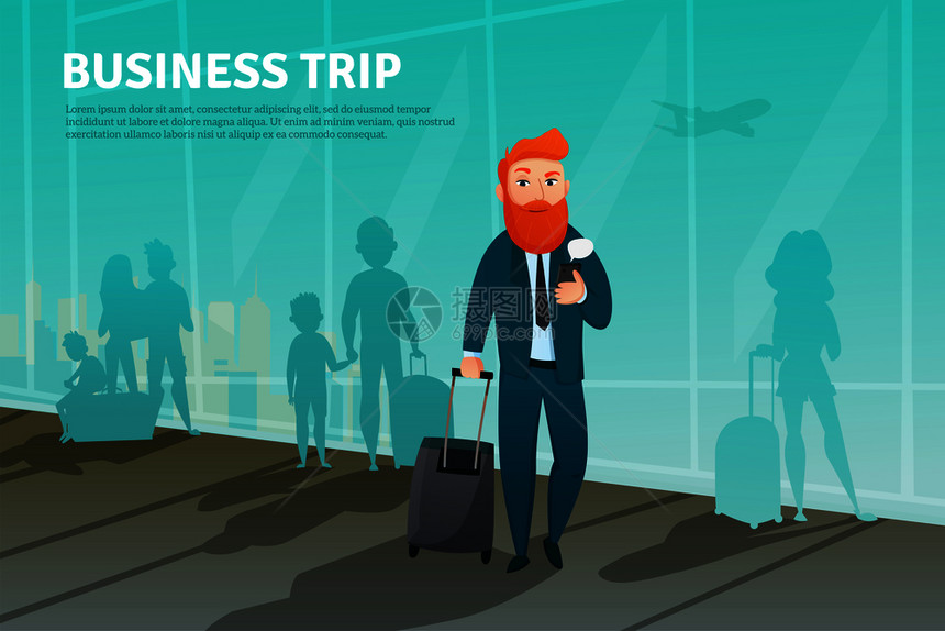 彩色平商人机场海报与红头人商务旅行标题矢量插图机场海报里的商人图片