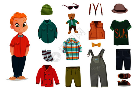 孩子衣服素材平婴童时尚图标与幼儿他的衣服同季节矢量插图平婴童时尚图标集插画