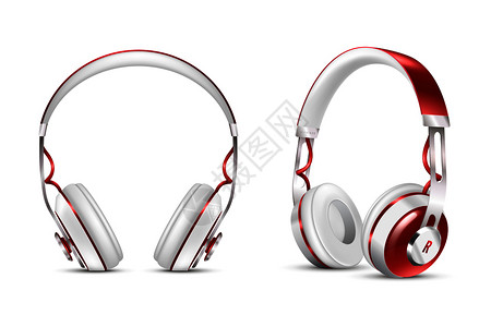 头戴式无线耳机两个白色现实无线耳机场景演示矢量插图逼真的无线耳机插画