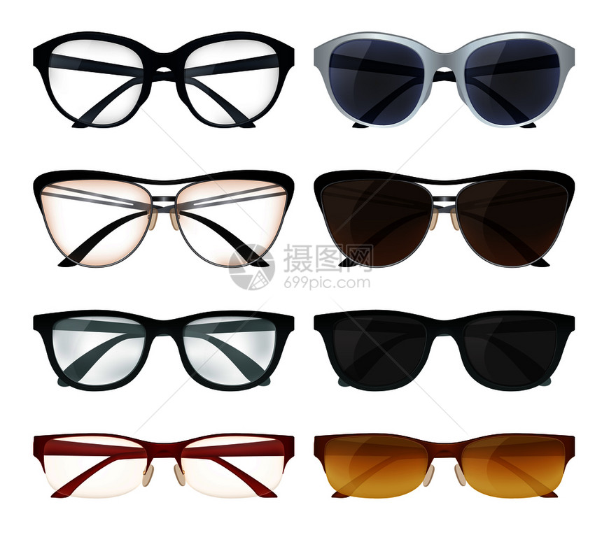 写实的现代眼镜太阳镜与彩色框架隔离白色背景矢量插图现代眼镜套装图片