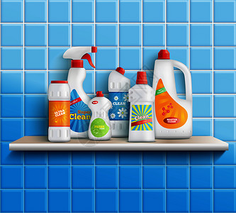 墙架子带浴室厕所镜子清洁剂的货架上的逼真洗涤剂瓶子的成与墙砖矢量插图家庭护理用品成插画