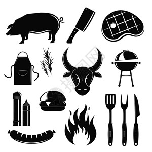 牛排馆复古元素收集与轮廓单色图像的肉制品,香料酱汁餐具矢量插图牛排屋元素插画