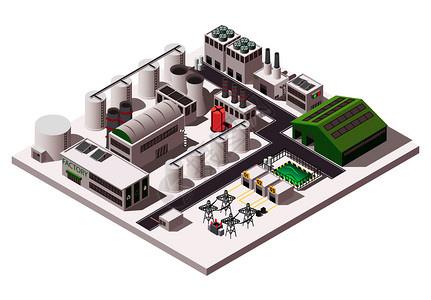 工业设施大工厂工业等距成的白色背景三维矢量插图工厂等距成分插画